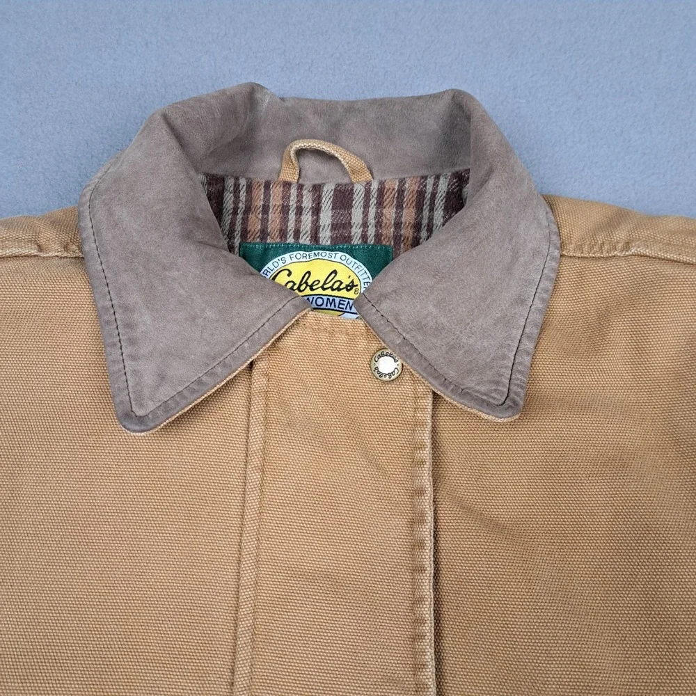 Cabelas Duck Canvas Blanket Lined Jacket Womens Medium Leather Collar Chore Coat - Picture 2 of 16